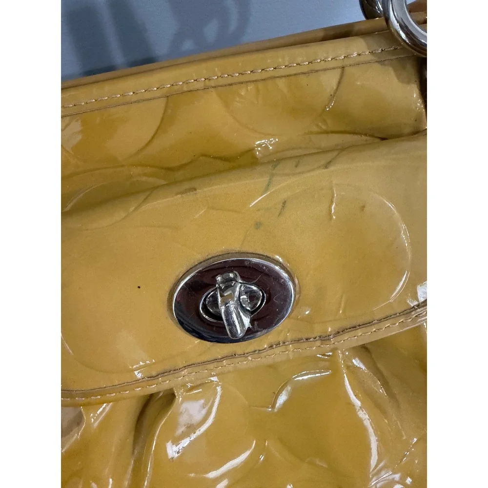Coach Yellow Embossed Patent Leather Satchel Handbag F14729 with Charm